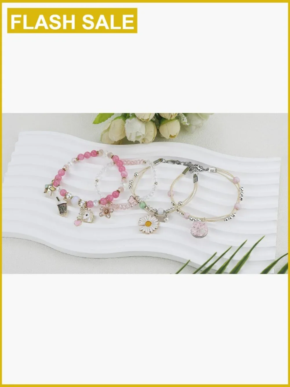 4Pcs Beaded Charm Bracelets Set for Girls Dainty Crystal Pearl Stretch